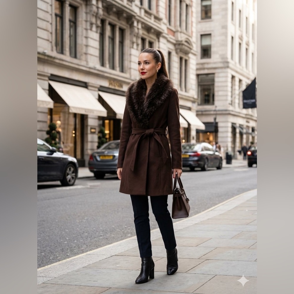 Haute Monde Women sz L Fur Collar Belted Chocolate Brown coat detachable collar